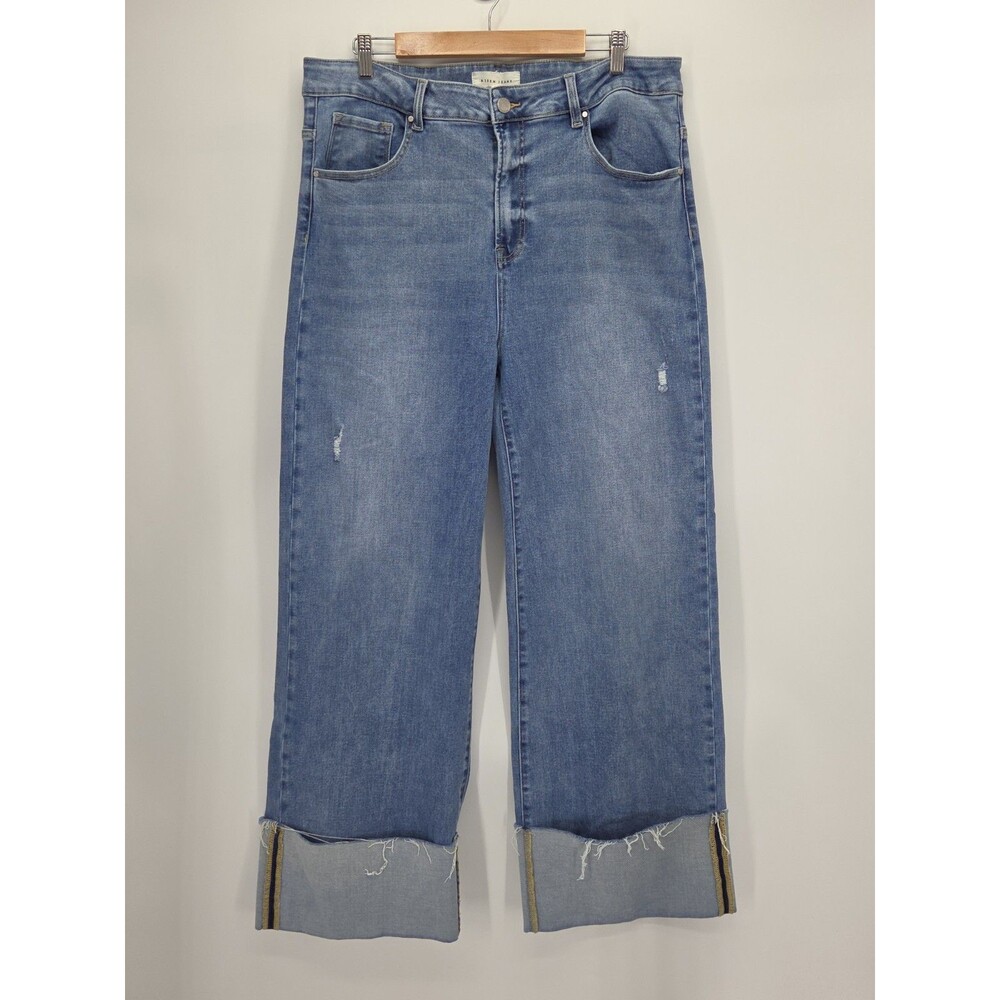 New Risen Jeans Womens 2XL High Rise Wide Leg Cuffed Distressed Blue Denim